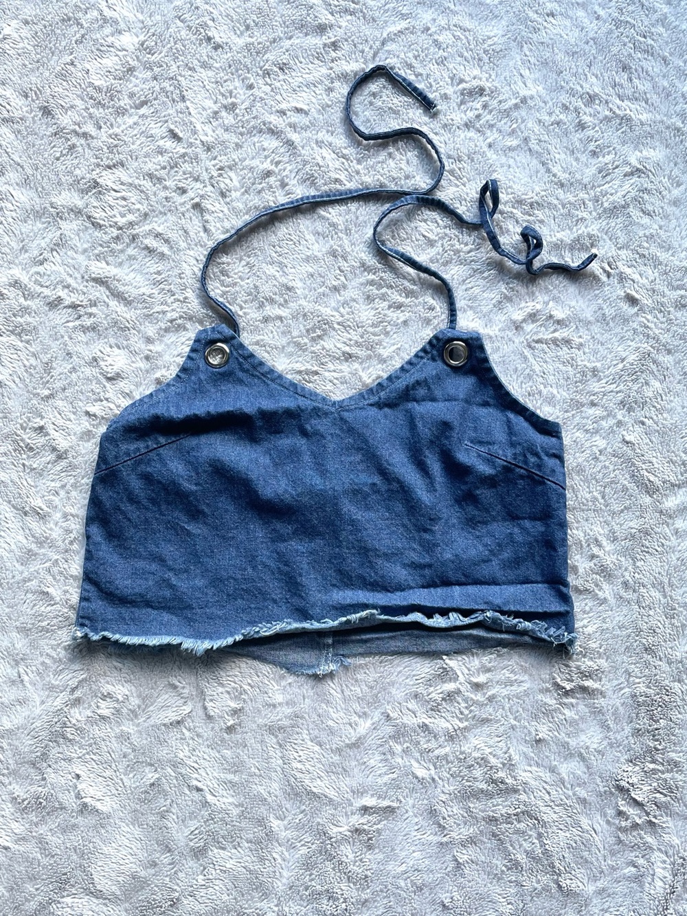 Blue Denim Frayed Hem Crop Top With Adjustable Straps